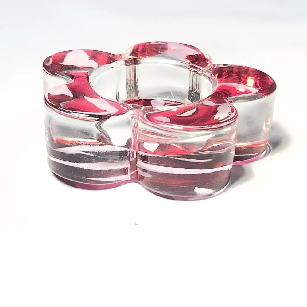 Y2K Vintage Iridescent Red Flower Design Glass Candle Holder Paper Weight 3”x1”h
